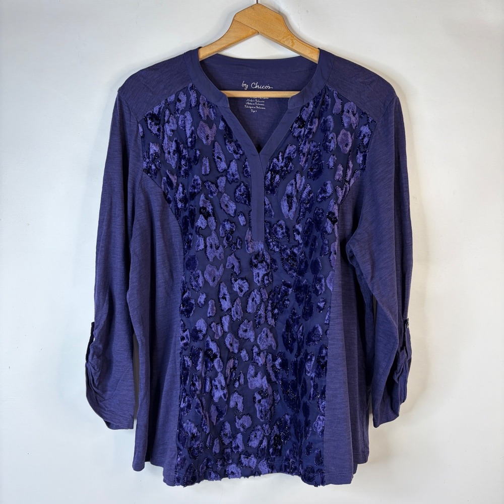Chicos Tunic Top Womens 3 Purple Velvet Burnout Leopard Sequin Roll Tab Sleeve